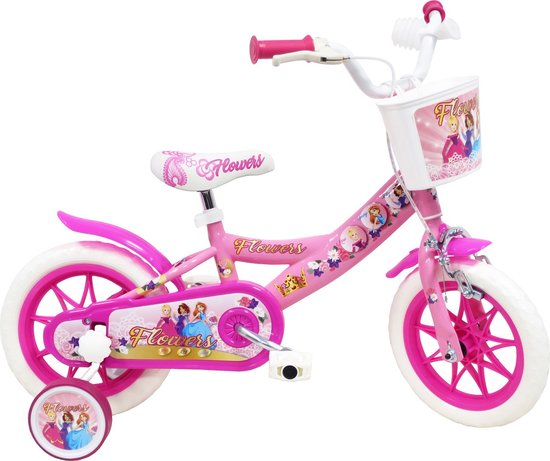 Flowers 12 inch kinderfiets roze van Merkloos