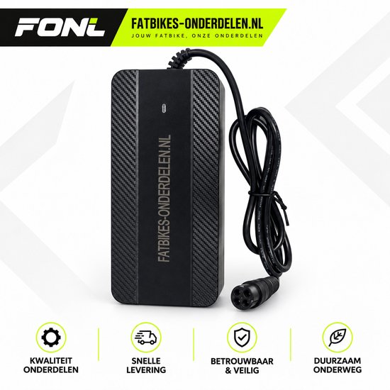 FONL Fatbike Oplader 54,6V 2A - Acculader voor QMWheel V20 en V30 - 3-Pins Aansluiting Nieuwste Model - Lader Elektrische Fiets 48V - Zwart