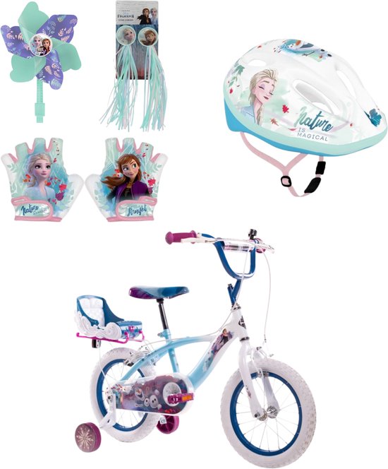 Frozen fietsset; fiets 14 inch, handschoenen, windmolen, stuur fransjes en helm