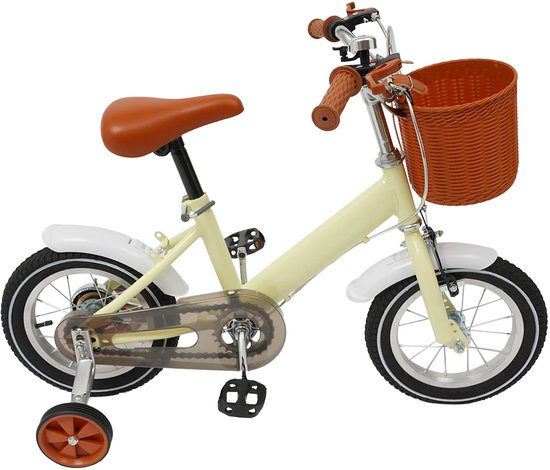 Fubzz Kinderfiets 12 Inch - Peuterfiets - Draagvermogen 40 kg - Zijwieltjes + Mand, Dubbele Remmen - Verstelbaar - Geel van Fubzz