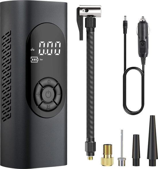 Fuegobird - 6000 mAh Electric Pump - 150 PSI Fietspomp - Miniatuur elektrische fietspomp met SOS LED - Ontworpen voor AUTO-banden - Bicycles - Elektrische Bicycles - BALL sports - Inclusief 2 opblaasslangen - Zwart van Fuegobird