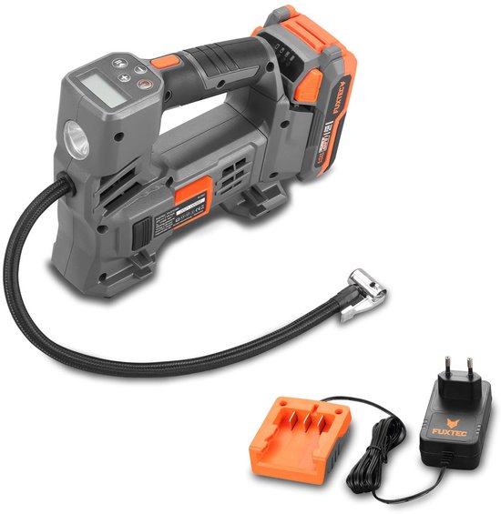 FUXTEC 20V Accu Compressor - 10,3 Bar (150 PSI) Luchtcompressor - Luchtpomp Incl. Presta Ventiel Adapter, Accu en Oplader - Voor Luchtbanden, Luchtmatrassen & Ballen