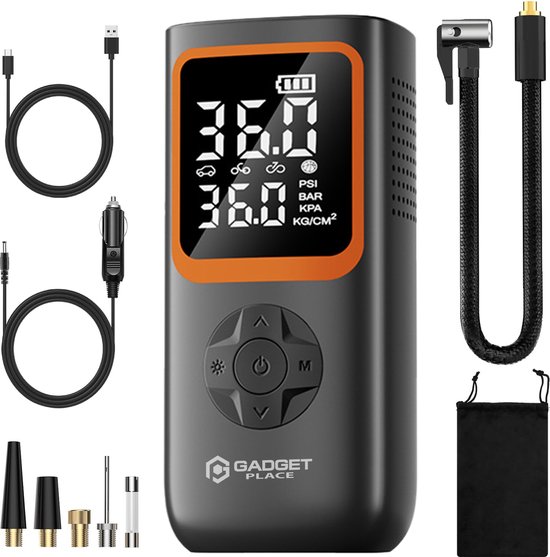 Gadgetplace Compressor Bandenpomp met 5 opzetstukken - Autobanden - 6000 mAh - Elektrische Fietspomp - Draagbare Luchtcompressor - Ballenpomp