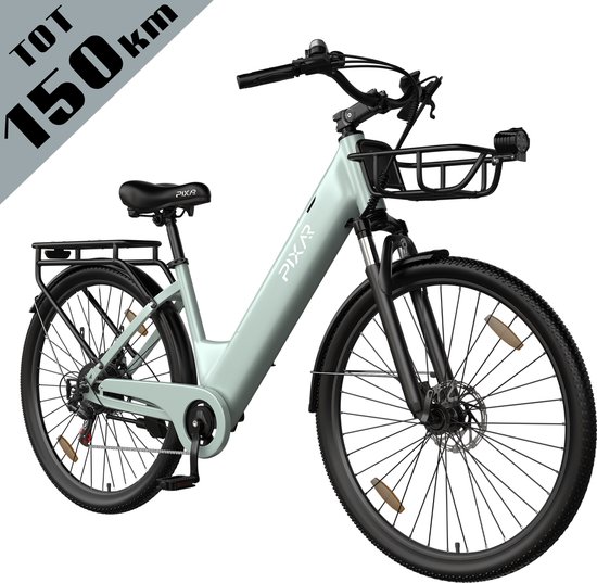 Galaxy C1 Pro Elektrische Stadsfiets 28 Inch - Extra Groot Bereik tot 150 km - 36V 18Ah EVE Accu - 250W Motor - Hydraulische Schijfremmen - Shimano 7 Versnellingen - Verende Voorvork - Inclusief Fietsmand en Slot-Lichtgroen