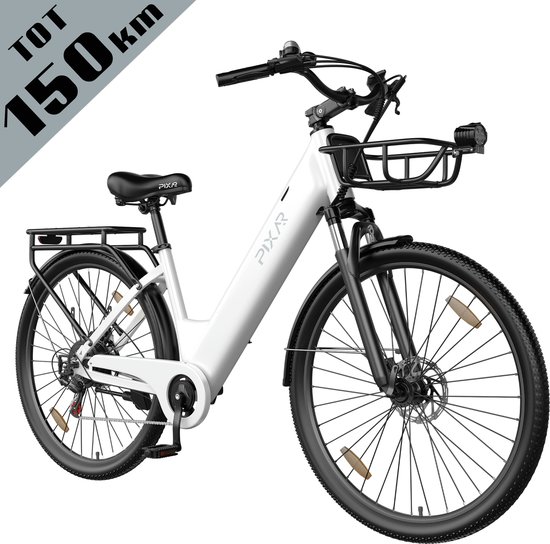 Galaxy C1 Pro Elektrische Stadsfiets 28 Inch - Extra Groot Bereik tot 150 km - 36V 18Ah EVE Accu - 250W Motor - Hydraulische Schijfremmen - Shimano 7 Versnellingen - Verende Voorvork - Inclusief Fietsmand en Slot-wit