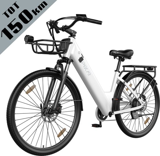 Galaxy C1 Pro Elektrische Stadsfiets 28 Inch - Tot 150 km Bereik - 36V 18Ah EVE Accu - Hydraulische Schijfremmen- 250W Motor - Shimano 7 Versnellingen - Voorvorkvering - Inclusief Mand en Telefoonhouder-wit