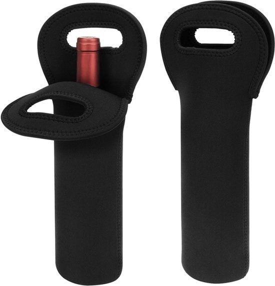 - Geïsoleerde Draagtas Voor Fles - Draagbaar - Neopreen - Wijnfleshouder - Picknickdrankhouder - Buitengebruik - Zwarte Kleur - Geschikt voor Reizen - 2-Delig - Flesdrager voor Buitenactiviteiten 750 ml