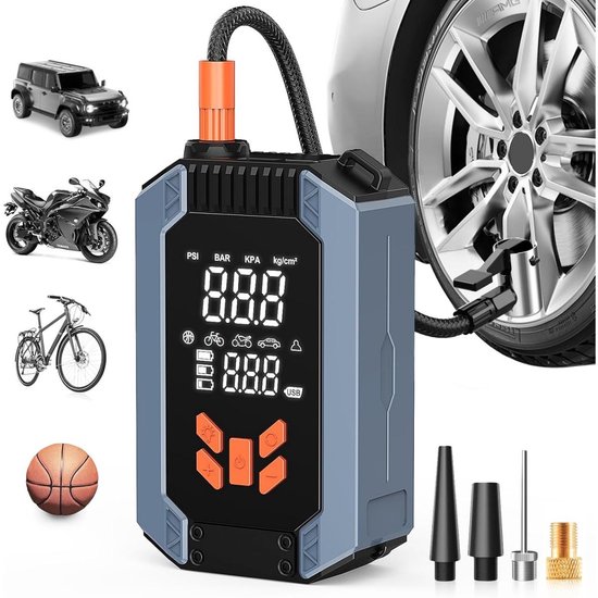 GELLDG Draagbare luchtcompressor - 4 standen - Oplaadbaar - Autobandenpomp - Met digitaal LCD-display en USB-poort - Mini draagbare compressor - Geschikt voor auto's, motoren, fietsen en ballen
