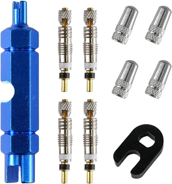 Gereedschapsset voor Presta- en Schrader-ventielen - Ventieladapter en ventieldoppen voor MTB en racefietsen (10 stuks)