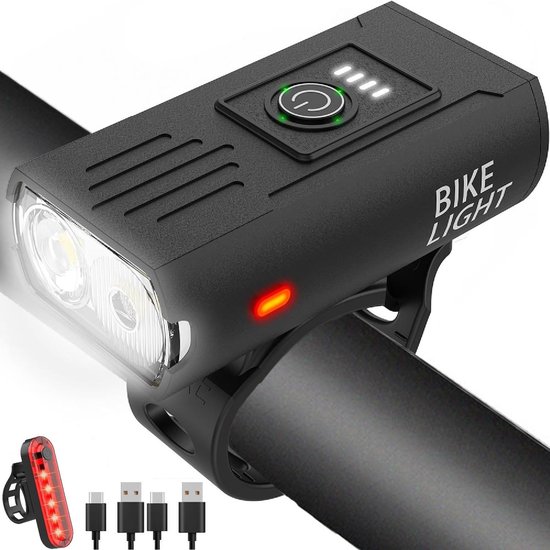 Geschikt voor Dubbele T6 fietskoplamp van aluminiumlegering met hoge lichtsterkte, grootlicht en dimlicht voor buiten, USB-oplaadbare voor- en achterlichtset