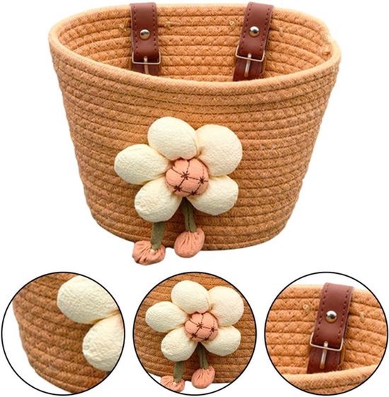 Gevlochten Fietsmandje - Katoen-look - Khaki - Voor Stuur van Kinderfiets, Loopfiets & Step - Leuke Accessoires - 19.5 cm Hoog