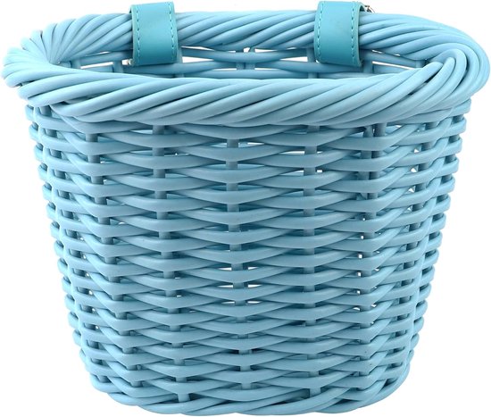 Geweven kinderfietsmand Voorstuurmand Geflochten fietsmand voor meisjes en kinderen met lederen riem Decoratieve verwijderbare blauwe mini fietsmand van Merkloos