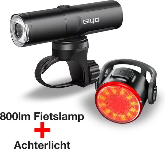 Giyo Professioneel Fiets verlichting set | Sterk Fietsverlichting 800 lumen + LED Achterlicht | Anti-verblinding lens | USB Oplaadbaar 2500mAh | 6 licht modi | IP66 Waterdicht | Ideaal voor Mountainbike, MTB en Racefiets