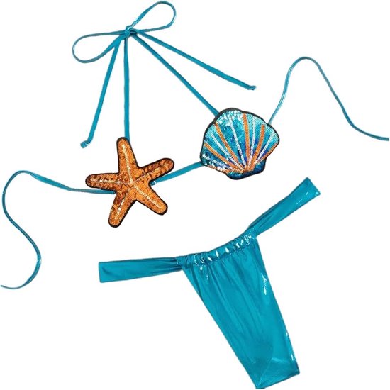 Glanzend Metalliic Badpak Voor Vrouwen Tweedelige Strappy Bikini Set Shell Vorm Extreme Micro Kleine Badmode met String