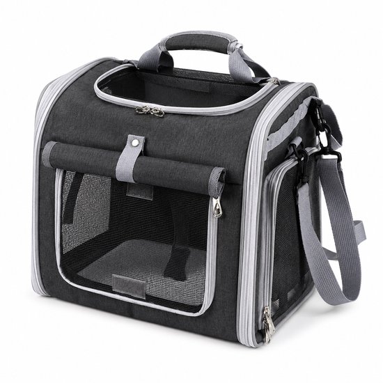 Gloovon® fietstas hond en katten transporttas - uitbreidbaar - ademend mesh - 38 x 29 x 35 cm - antraciet - met schouderriem