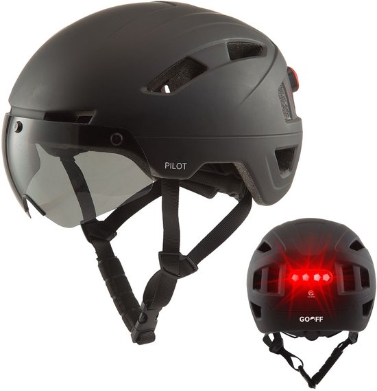 GOOFF® Pilot 3-in-1 Snorfiets Helm met Verlichting en Vizier - Speed Pedelec Fietshelm voor Volwassenen - NTA 8776 - Snorscooter Helm met LED Licht - Goedgekeurd voor Blauw Kenteken en E Bike - Dames en Heren - S - Matzwart van GOOFF®