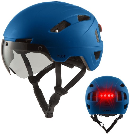 GOOFF® Pilot 3-in-1 Snorfiets Helm met Verlichting en Vizier - Speed Pedelec Fietshelm voor Volwassenen - NTA 8776 - Snorscooter Helm met LED Licht - Goedgekeurd voor Blauw Kenteken en E Bike - Dames en Heren - XL - Matblauw