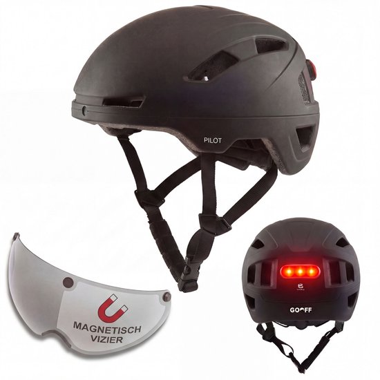 GOOFF® Pilot 3-in-1 Snorfiets Helm met Verlichting en Vizier - Speed Pedelec Fietshelm voor Volwassenen - NTA 8776 - Snorscooter Helm met LED Licht - Goedgekeurd voor Blauw Kenteken en E Bike - Dames en Heren - XL - Matzwart