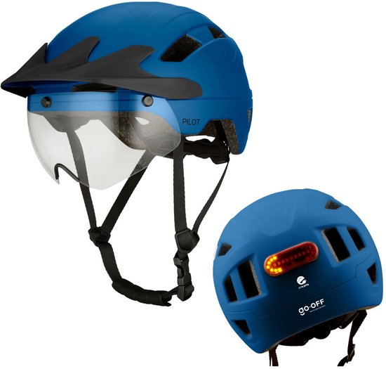 GOOFF® Pilot 4-in-1 Snorfiets Helm met Verlichting en Vizier - Speed Pedelec Fietshelm voor Volwassenen - NTA 8776 - Snorscooter Helm met LED Licht - Goedgekeurd voor Blauw Kenteken en E Bike - Dames en Heren - L - Blauw van GOOFF®