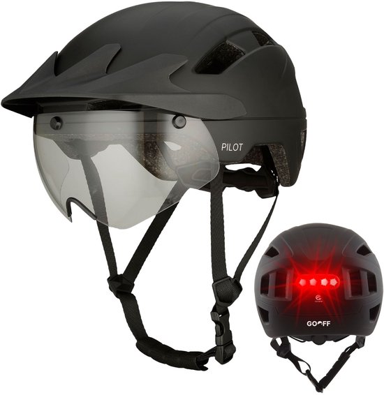 GOOFF® Pilot 4-in-1 Snorfiets Helm met Verlichting en Vizier - Speed Pedelec Fietshelm voor Volwassenen - NTA 8776 - Snorscooter Helm met LED Licht - Goedgekeurd voor Blauw Kenteken en E Bike - Dames en Heren - XL - Matzwart