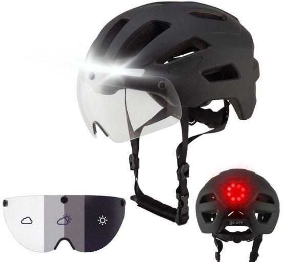 GOOFF® RIDER Fietshelm met Photochromatisch Vizier en Verlichting - Ebike Helm voor Volwassenen - Geschikt voor Elektrische Fiets en Racefiets - LED Licht - Dames en Heren - Zwart - M van GOOFF®