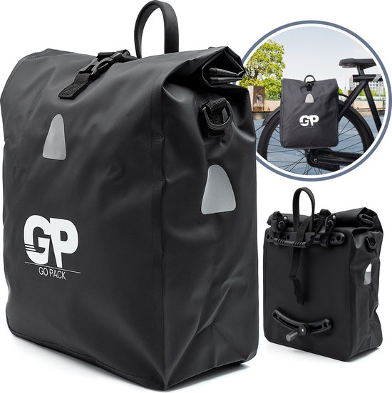 GoPack 2-in-1 Fiets- en Schoudertas - 20L Enkele Fietstas met Reflectoren - 100% Waterdicht, Waterbestendig en Waterafstotend - Fietstassen Geschikt voor Gewone en Elektrische Fietsen - Fiets Schouder Tas - Zwart van Merkloos