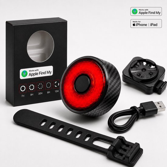 GPS Tracker Fiets met Achterlicht - Geschikt voor Apple Find My - Fietstracker Anti-diefstal - 5 Lichtstanden - Zichtbaarheid tot 300 m - Waterbestendig - Zadelmontage - Zwart