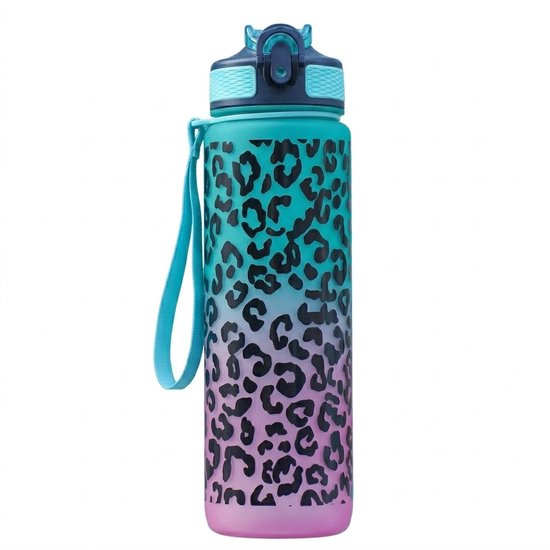 Gradiënt groen paars bidon drinkfles met panter print – bidon met draag lus en drink tuit – herbruikbare waterfles dames en heren – kunststof drinkfles met flip dop en luipaard patroon design
