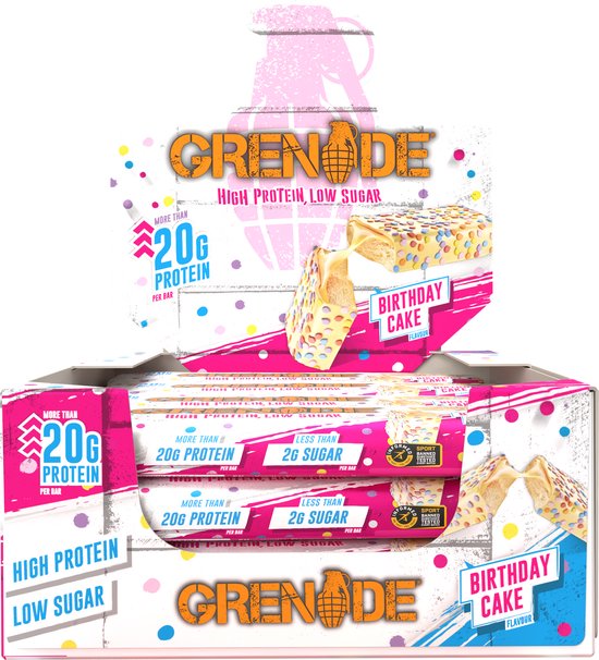 Grenade - High Protein, Low sugar - Protein bar - Birthday Cake - 21g eiwit - 12 x 60g - Eiwitreep - Diverse smaken