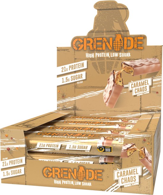 Grenade - High Protein, Low sugar - Protein bar - Caramel Chaos - 22g eiwit - 12 x 60g - Eiwitreep - Diverse smaken