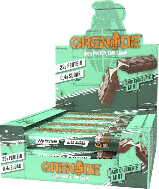 Grenade - High Protein, Low sugar - Protein bar - Dark Choc Mint - 22g eiwit - 12 x 60g - Eiwitreep - Diverse smaken