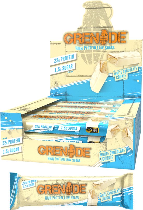Grenade - High Protein, Low sugar - Protein bar - White Choc Cookie - 23g eiwit - 12 x 60g - Eiwitreep - Diverse smaken