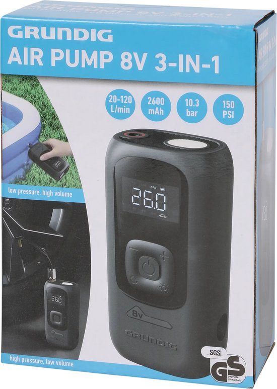 Grundig 3-in-1 Draadloze Luchtpomp & Compressor - 10.3 Bar - Krachtige 2600 mAh Accu - Digitaal Display - Automatische Stop - Inclusief 6 Opzetstukken