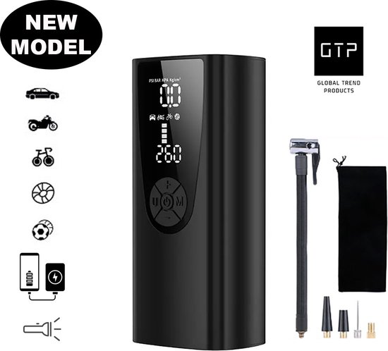 GTP Draagbare Luchtcompressor - Elektrische Bandenpomp - Luchtcompressor Oplaadbaar - Fiets Motor Auto en Ballen - Powerbank - Zaklamp