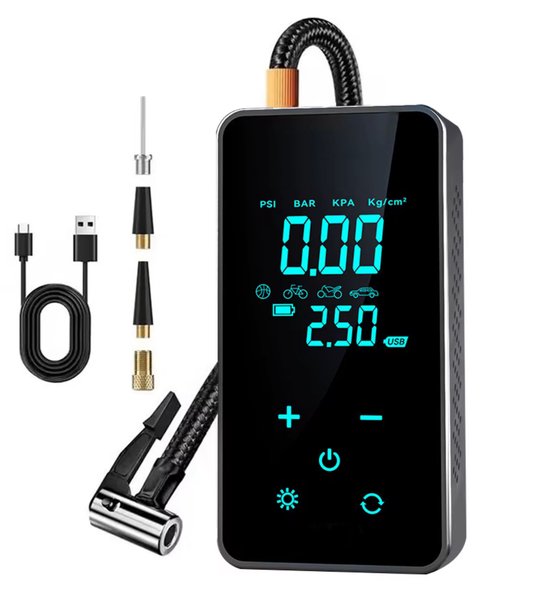 GUUUS® Elektrische Luchtpomp – Universeel & Automatisch – Voor Auto, Motor, Fiets, Scooter, Voetbal & Luchtbed – Krachtig tot 10.3 Bar – 7000mAh Powerbankfunctie – Incl. Opbergzakje van Merkloos