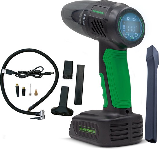 Hammersmith AirStorm - Snoerloze handstofzuiger & luchtcompressor met SOS-lampje & uitgebreide accessoireset - Autobanden oppompen - Bandenspanning controleren - Auto stofzuiger & pomp - Multitool van Hammersmith