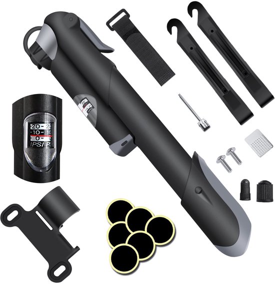 Handpomp - Fietspomp met drukmeter - Draagbare mini-fietsbandenpomp - Mini-fietspomp voor alle fietsen - Balpomp met naald - lijmloze reparatieset - Geschikt voor Presta- en Schrader-ventielen - Zwart