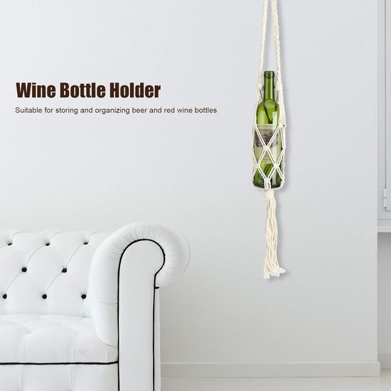 hangend wijnflesje - Boheemse stijl handgebreid katoenen touw flessenopslag hangende tas wijn Tote decoratie (Beige-65cm)