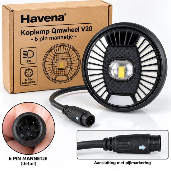 Havena Koplamp voor QMWheel V20 – LED Koplamp – 6-Pins Mannelijke Aansluiting – Zwart
