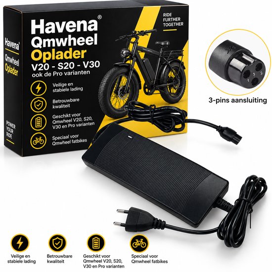 Havena QmWheel Oplader – Geschikt voor V20, S20 & V30 (Pro) – 3-Pins Aansluiting – Fatbike Acculader