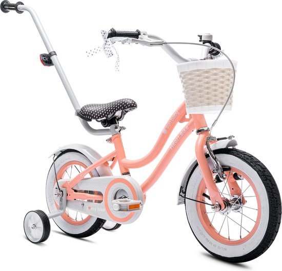 Heart Bike Fiets voor een meisje van 2 tot 4 jaar, 12 inch Abrikoos, met fietsbel, zijwieltjes, duwstang en stuurmandje van Lombardo
