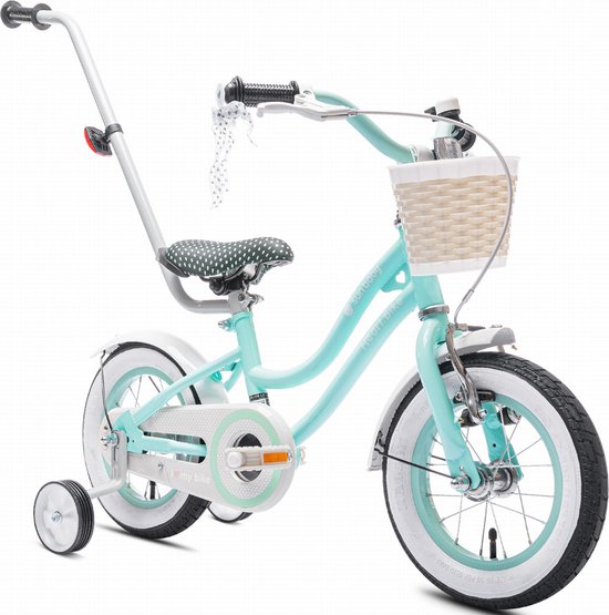 Heart Bike Fiets voor een meisje van 2 tot 4 jaar, 12 inch Mint, met fietsbel, zijwieltjes, duwstang en stuurmandje van Heart Bike