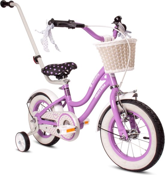 Heart Bike Fiets voor een meisje van 2 tot 4 jaar, 12 inch Paars, met Duwstang, Mand, Bel van Volare