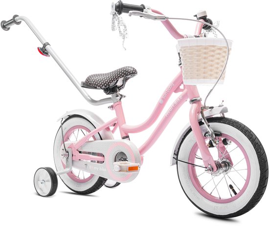 Heart Bike Fiets voor een meisje van 2 tot 4 jaar, 12 inch Roze, met fietsbel, zijwieltjes, duwstang en stuurmandje van Dino Bikes
