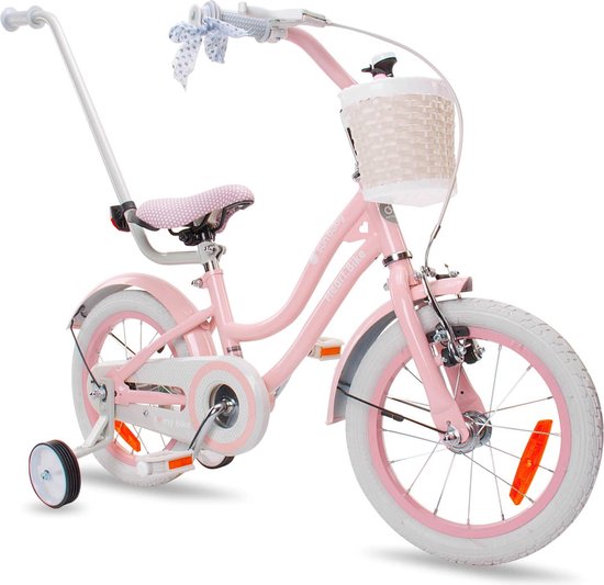 Heart Bike Fiets voor een meisje van 2 tot 6 jaar, 14 inch Silver Moon Roze, met fietsbel, zijwieltjes, duwstang en stuurmandje van Merkloos