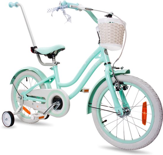 Heart Bike Fiets voor een meisje van 2 tot 6 jaar, 16 inch Silver Moon Mint, met fietsbel, zijwieltjes, duwstang en stuurmandje van Heart Bike