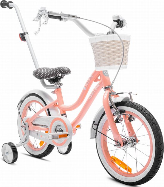 Heart Bike Fiets voor een meisje van 3 tot 5 jaar, 14 inch Abrikoos, met fietsbel, zijwieltjes, duwstang en stuurmandje van Toimsa