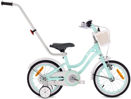 Heart Bike Fiets voor een meisje van 3 tot 5 jaar, 14 inch Mint, met fietsbel, zijwieltjes, duwstang en stuurmandje