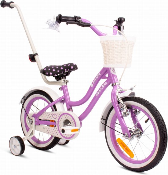 Heart Bike Fiets voor een meisje van 3 tot 5 jaar, 14 inch Paars, met fietsbel, zijwieltjes, duwstang en stuurmandje van Merkloos