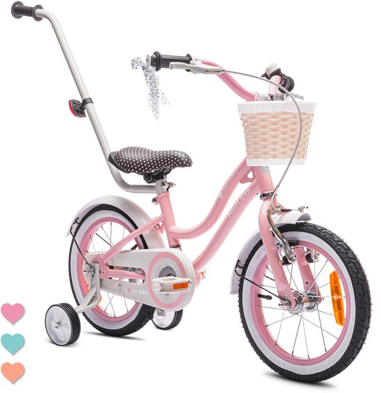 Heart Bike Fiets voor een meisje van 3 tot 5 jaar, 14 inch Roze, met fietsbel, zijwieltjes, duwstang en stuurmandje van Merkloos